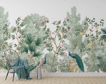 Peacock Garden Wallpaper | Botanical Bird Wallpaper | Vintage Chinoiserie Wall Decor | Tropical Nature Mural | Green Floral Decor