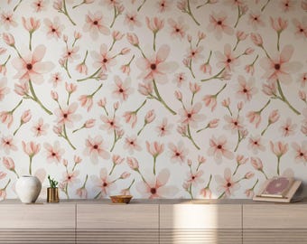 Soft Pink Floral Wallpaper | Romantic Botanical Wall Decor | Cottagecore Flower Pattern | Vintage Floral Peel and Stick Wallpaper