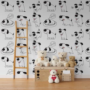 Black and White Dog Wallpaper | Adorable Dog Pattern | Easy Peel & Stick Wallpaper | Removable Kids Room Wall Decal | Pet lover gift
