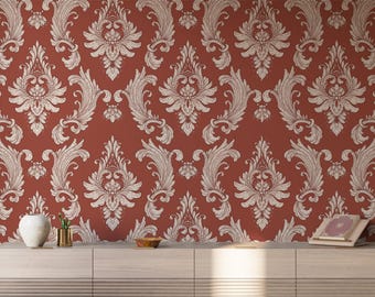 Terracotta Damask Wallpaper | Vintage Floral Wallpaper | Rust Red Peel and Stick Wall Decor | Removable Renter Friendly