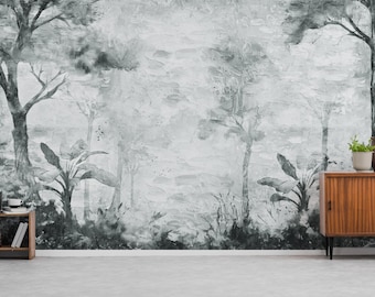 Grey Woodland Wallpaper | Forest Wall Mural Peel and Stick | Monochrome Tropical Jungle Wall Decor | Moody Nature Removable Wallpaper