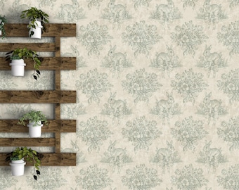 Vintage Rabbit Toile Wallpaper Peel and Stick | Floral Bunny Seamless Pattern | Cottagecore Nursery Wall Decor | Neutral Removable Wallpaper