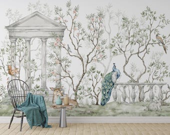 Indian Peacock Wallpaper | Peel and Stick Chinoiserie Wall Mural |Vintage Tropical Decor | Removable Wallpaper