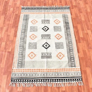Hand Block Print Cotton Rug: Boho Kilim Rug with Tassels