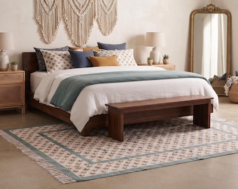 Alfombra Kilim de algodón estampada a mano con bloques, estilo Dhurrie bohemio de tejido plano, con estampado geométrico