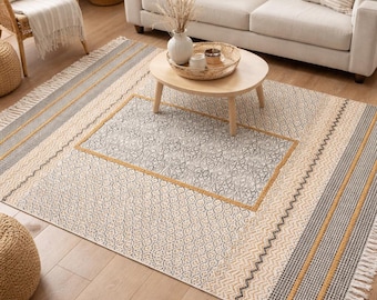 Hand Block Print Cotton Kilim Rug, Boho Moroccan Accent Area Rug