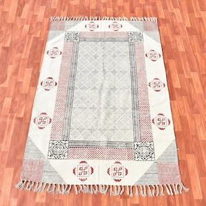 Handwoven Cotton Kilim Rug: Boho Tassel Rug, Hand Block Printed