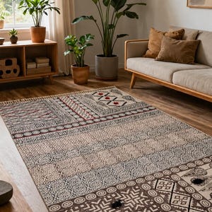 Hand Block Printed Cotton Rug, Handmade Boho Area Rug, Patchwork Cotton Rug, Tribal Floor Rug, Farmhouse Rug, Living Room Decor