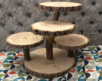 5 tier 2 pronged level rustic wedding cake stand which is 3 + 2 additional lower tiers added