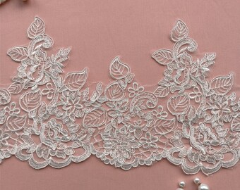 20 Cm Width Lace Trim in Ivory ,Lace Fabric for Wedding Dress Accessories, Embroidered Edge for Bridal Headband Veil Costume Design. 1 Yard