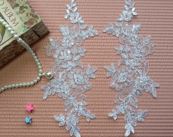 1 Pair/embroidery,Lace applique for wedding dresses,Sequin lace fabric patches embroidery,lace flower,Floral lace,Wedding fabric/28*11 cm