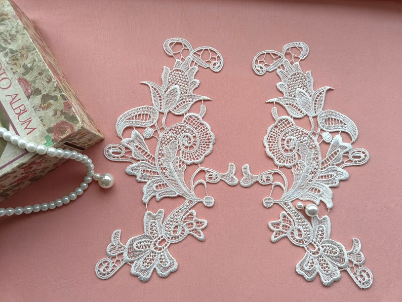 1 Pair Vintage Style Lace Applique, Ivory Lace Flower, Embroidery Motif For Wedding Dress Sew,Bridal Veil Lace Fabric,Wedding Accessories zdjęcie 2