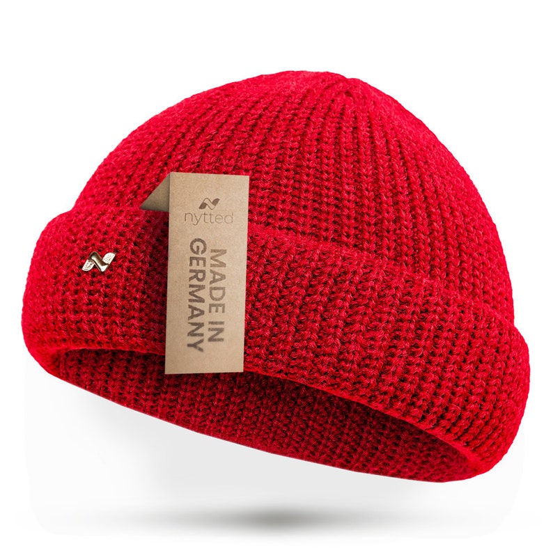 NYTTED® kurze Cousteau Mütze aus 100% feinster Schurwolle für Damen & Herren Winter Mütze Fischer Mütze Strickmütze Rot