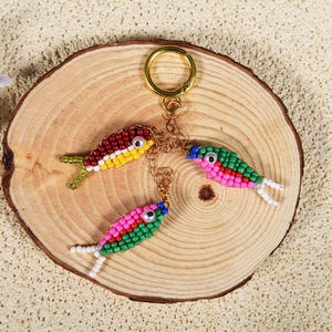 Beaded Fish Bag Charm On Gold Chain, Ocean Inspired Purse Charm, Handmade Bead Keychain, Coastal Boho Accessory