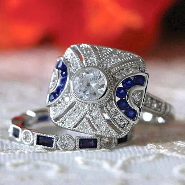 Vintage Wedding Ring Set, Art Deco Bride Ring Set, 1.4 Ct Diamond, Wedding Jewelry, 14K White Gold, Sapphire Ring, Cocktail Party Ring Set