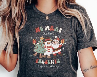 Camiseta de Natal para enfermeira de parto e parto, camiseta de Natal para enfermeira de parto e parto, camiseta para festa de fim de ano em hospital, presente para enfermeira de parto e parto, camiseta para enfermeira de parto e parto