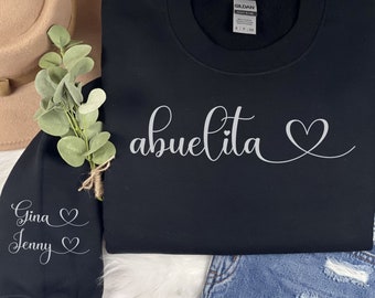 Sweat-shirt Abuelita personnalisé avec nom de l'enfant sur la manche Ras du cou Abuela Life, cadeau pour Abuela, Regalo Para Abuela, Dia De Las Madres, grossesse