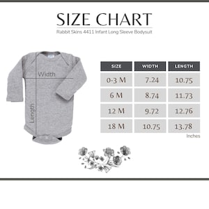 May include: A gray infant long-sleeve bodysuit with a size chart. The chart shows measurements in inches for sizes 0-3 months, 6 months, 12 months, and 18 months. The text "SIZE CHART" is at the top.