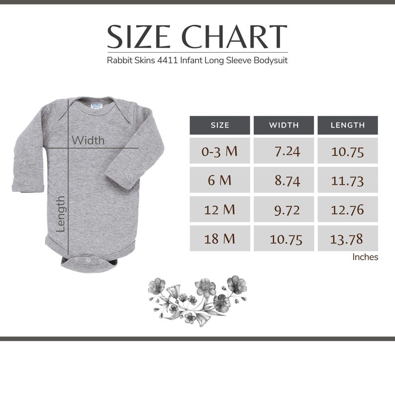 May include: A gray infant long-sleeve bodysuit with a size chart. The chart shows measurements in inches for sizes 0-3 months, 6 months, 12 months, and 18 months. The text "SIZE CHART" is at the top.