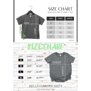 May include: A size chart for Bella Canvas 3001T toddler and youth unisex jersey t-shirts. The chart includes chest and length measurements in inches for sizes 2T to XL. The image shows a gray t-shirt hanging on a hanger.