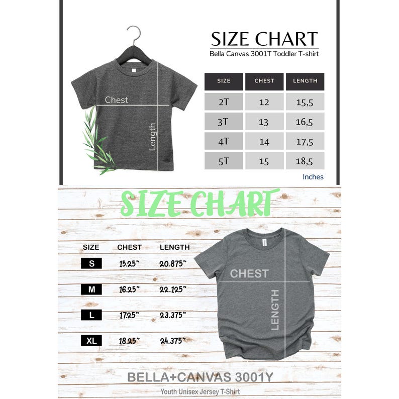 May include: A size chart for Bella Canvas 3001T toddler and youth unisex jersey t-shirts. The chart includes chest and length measurements in inches for sizes 2T to XL. The image shows a gray t-shirt hanging on a hanger.