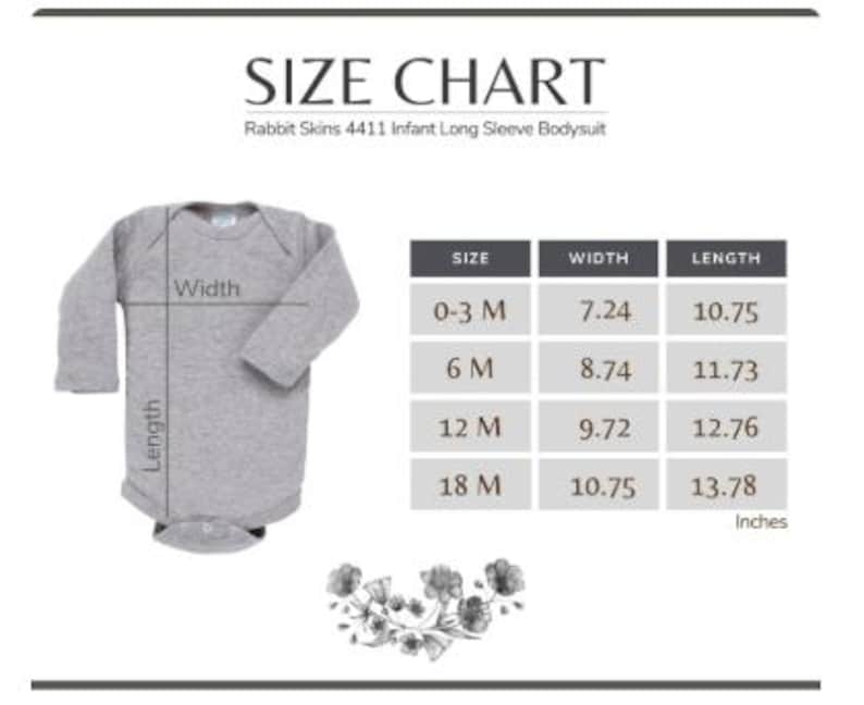 May include: A size chart for a grey infant long-sleeve bodysuit. The chart shows measurements in inches for sizes 0-3 months, 6 months, 12 months, and 18 months. The width ranges from 18.4 cm to 27.3 cm, and the length ranges from 27.3 cm to 35 cm.