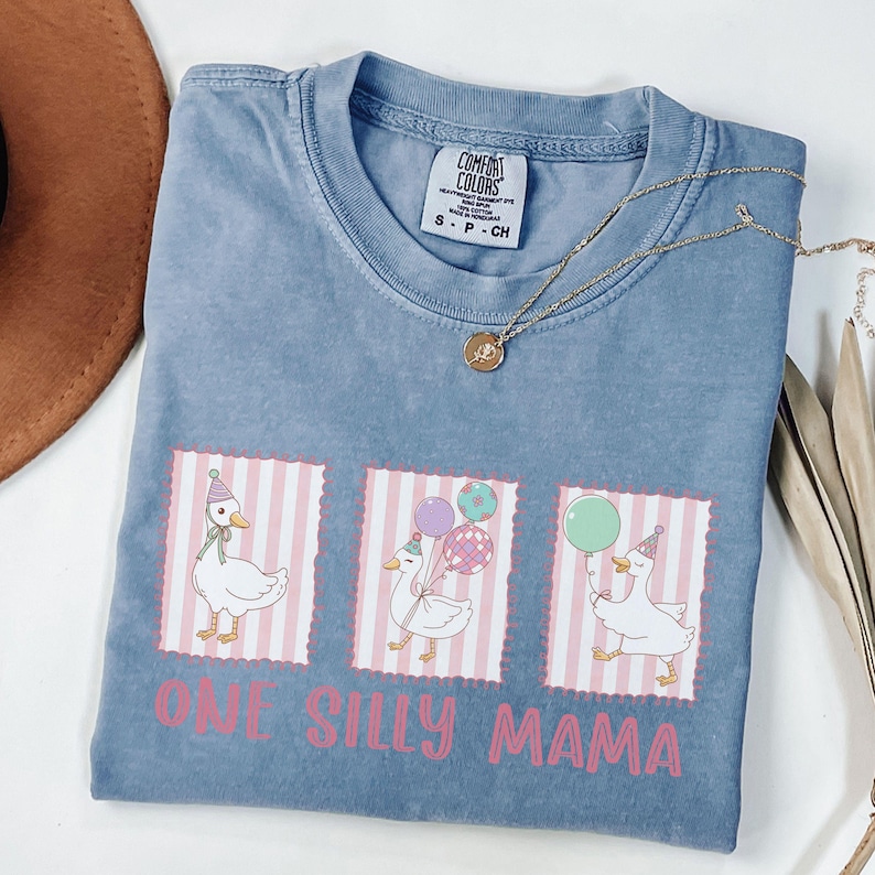 May include: A blue Comfort Colors t-shirt with three cartoon geese wearing party hats and holding balloons. The text "ONE SILLY MAMA" is printed in pink. A gold necklace is draped across the shirt. The shirt is size S-CH.