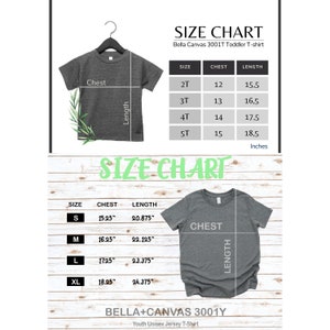 Pode incluir: Tabela de tamanhos para camisetas Bella Canvas 3001T para crian&ccedil;as pequenas e jovens. A tabela mostra as medidas de peito e comprimento em polegadas para os tamanhos 2T, 3T, 4T, 5T, S, M, L e XL.