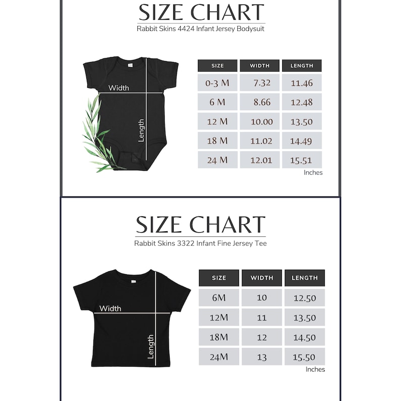 Pode incluir: Tabela de tamanhos para bodies e camisetas para beb&ecirc;s da Rabbit Skins. A tabela mostra os tamanhos de 0 a 3 meses a 24 meses com as medidas de largura e comprimento correspondentes em polegadas.
