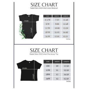 May include: Size charts for Rabbit Skins infant clothing, including bodysuits and fine jersey tees. The charts show measurements in inches for width and length, with sizes from 0-3 months to 24 months.