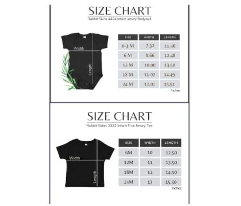 May include: Size charts for Rabbit Skins infant clothing, including bodysuits and fine jersey tees. The charts show measurements in inches for width and length, with sizes from 0-3 months to 24 months.