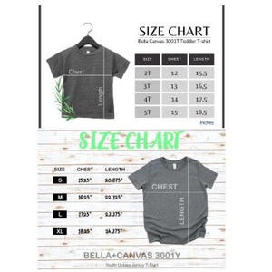 May include: A size chart for Bella+Canvas 3001T toddler and youth unisex jersey t-shirts. The chart displays chest and length measurements in inches for sizes 2T to XL. The gray t-shirts are displayed on a hanger and on a wooden background.