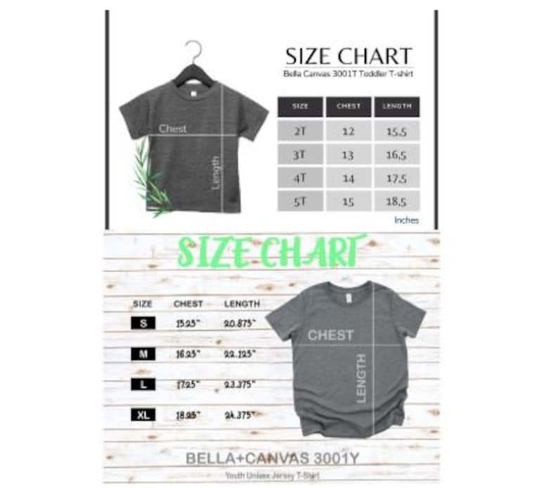 May include: A size chart for Bella+Canvas 3001T toddler and youth unisex jersey t-shirts. The chart displays chest and length measurements in inches for sizes 2T to XL. The gray t-shirts are displayed on a hanger and on a wooden background.