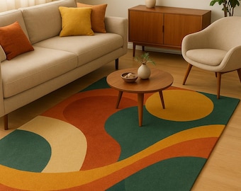 May include: A colorful area rug with a retro design. The rug features a pattern of curved shapes in shades of green, orange, yellow, and cream. The rug is placed in a living room setting with a sofa, chair, and coffee table.