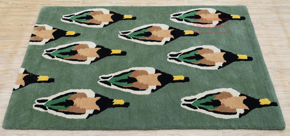 Hand-tufted Duck Pattern Wool Rug | Modern Animal Art Rug | Green Decor ...