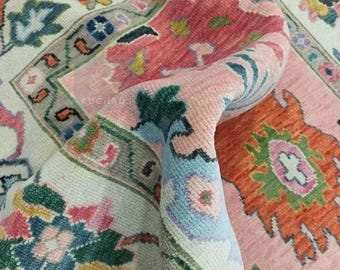 Pink Turkish Oushak Rug Hand knotted Rugs Handmade Rugs for Bed Room modern Oushak Rug Colorful Oushak Carpet  4x6 5x8 6x9 8x10 9x12 10x14