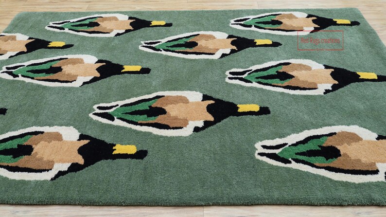 Hand-tufted Duck Pattern Wool Rug | Modern Animal Art Rug | Green Decor ...