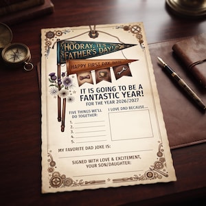 Può includere: Un foglio di attività rettangolare per la festa del papà con texture di carta vintage, gagliardetti blu e marroni, illustrazioni di papillon, tazza di caffè e chiave inglese, con testo che include "Hooray, it's Father's Day!" e "It is going to be a fantastic year!"