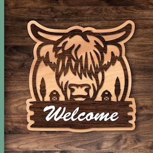 Highland Cow svg, Cow Head svg, Cow Welcome sign, Farmhouse svg, Door Hanger svg, Glowforge svg files, Laser Cut design, Entrance Sign
