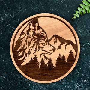 Wolf Svg, archivos cortados con láser para madera svg, corte láser Wolf Head, decoración de la habitación, archivo Glowforge, montañas Wolf y letrero de bosque, Wolf svg