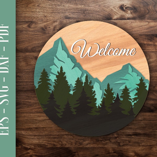 Round Mountains Welcome Sign SVG, Woods Door Hanger Laser Cut file, Mountains Porch Sign Cut file for Glowforge