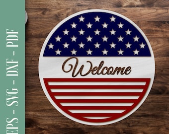 Patriottisch welkom teken SVG, Amerikaanse vlag Lasergesneden, 4 juli Glowforge-bestand, vlag van de Verenigde Staten Houten veranda teken