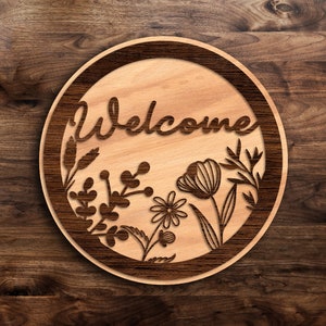 Floral Welcome Sign SVG, Welcome Sign Laser Cut file, Flowers Round Welcome Sign Digital Download