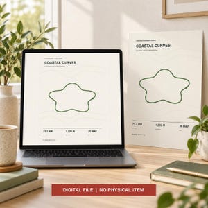 May include: A digital print displayed on a laptop screen and a physical poster featuring the text Coastal Curves, a green star-shaped route outline, and data points showing 73.3 km, 1,250 m, and 20 May. The design includes the text Do What Moves You.