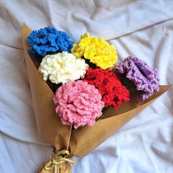 Oeillet, bouquet fleurs au crochet - cadeau fait main personnalisé déco mariage, fête des mères