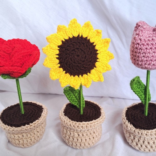 Fleur plante en pot au crochet : tournesol, rose, tulipe - cadeau fait main déco mariage, fête des mères