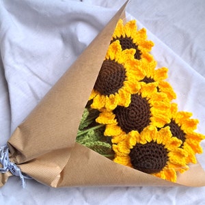 Bouquet fleurs tournesol au crochet, cadeau fait main personnalisé déco mariage, fête des mères