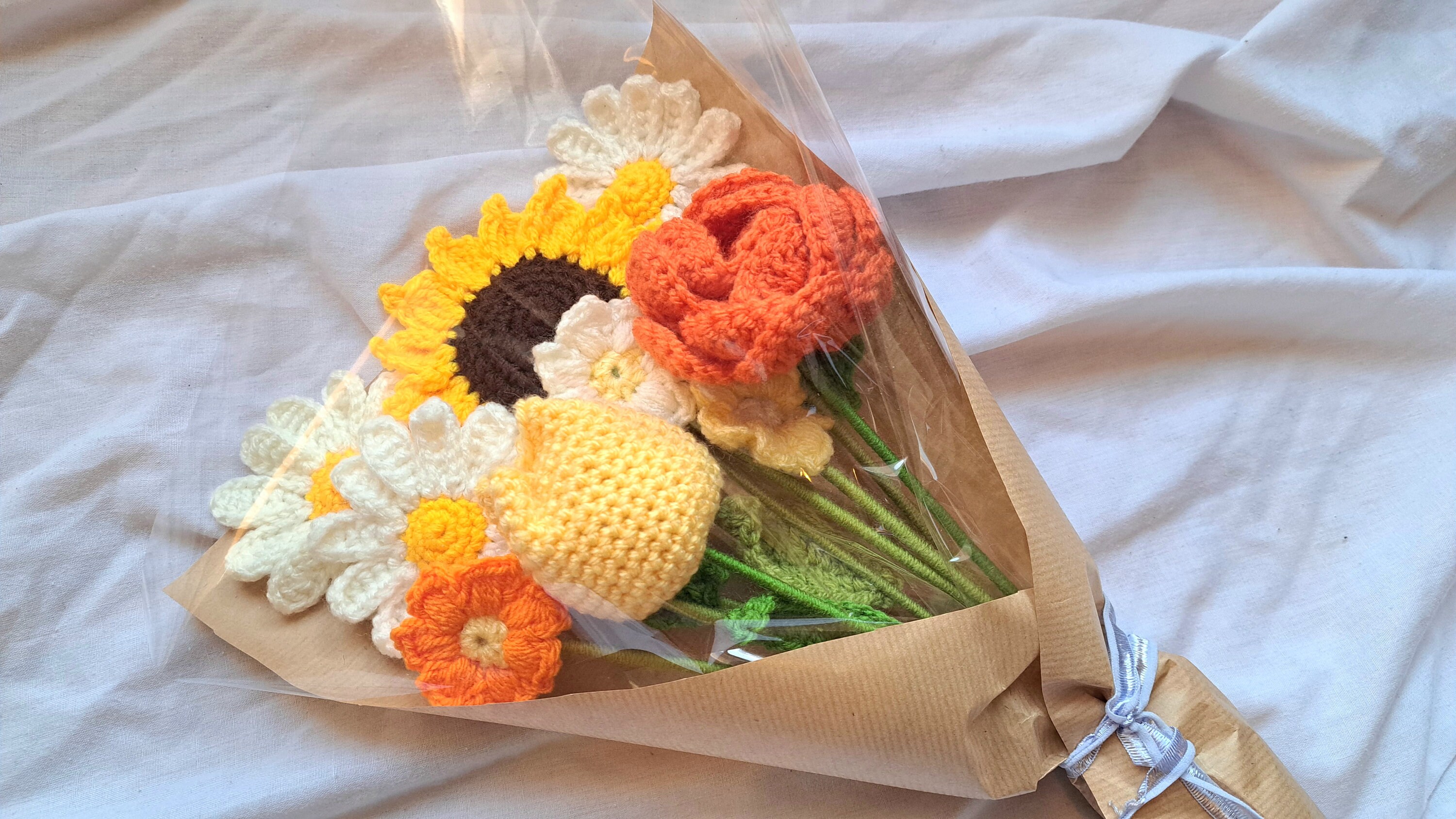 Yellow Bouquet of 9 Crochet Flowers: Sunflower, Daisies, Rose and