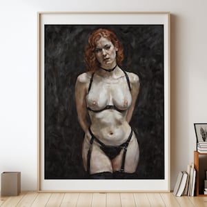 Redhead Emma wearing garter belt Painting Print, Naked Woman Wall Art, Sensual Photo Wall Decor