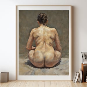 Braidy sitting from behind Painting Print, Naked Woman Wall Art, Sensual Photo Wall Decor
